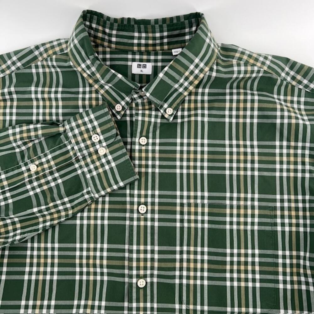 Uniqlo Button Down Long Sleeve Shirt Mens XL Green Windowpane Plaid Cotton Prep